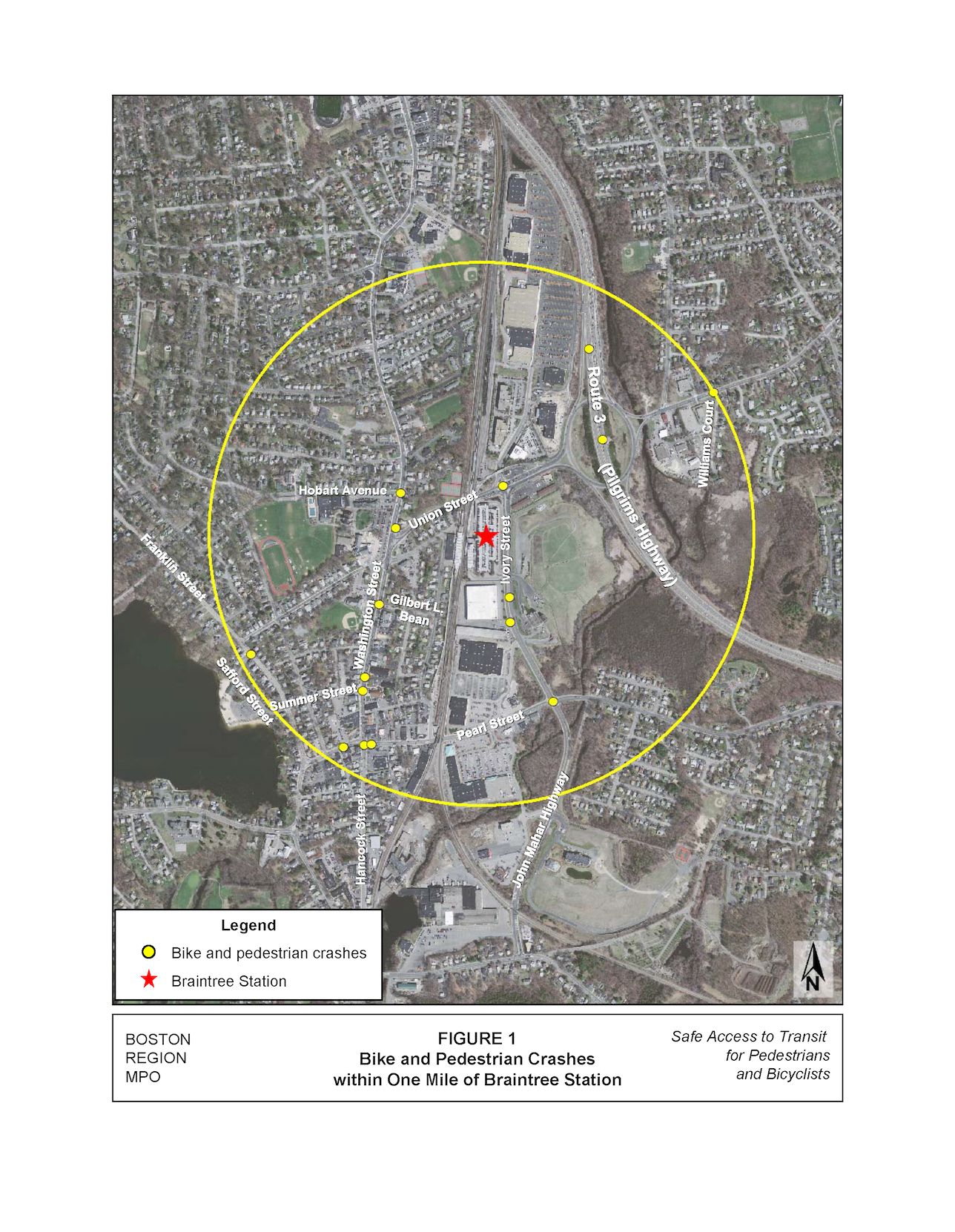 Figure 1 – Bike and Pedestrian Crashes within One Mile of Braintree Station Figure 1 is an aerial photo that shows the locations of bicycle and pedestrian crashes that occurred within one mile of Braintree Station between 2005 and 2009